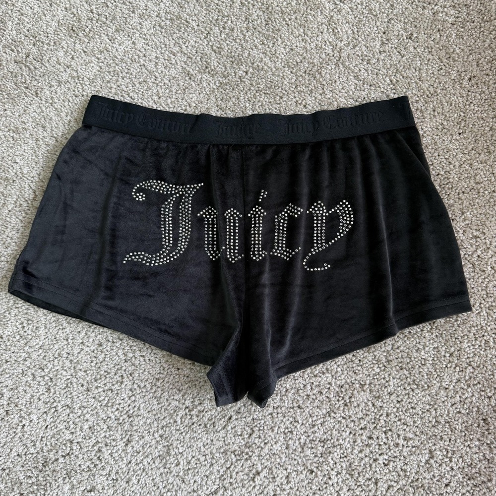 Juicy Couture Sweat Shorts Womens Medium Black Velour Rhinestone Juicy Lounge